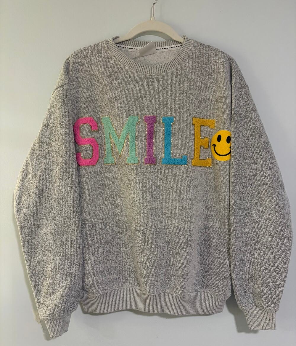Pacific & Co Gray Colorful SMILE Chenille Graphic Sweatshirt Size M